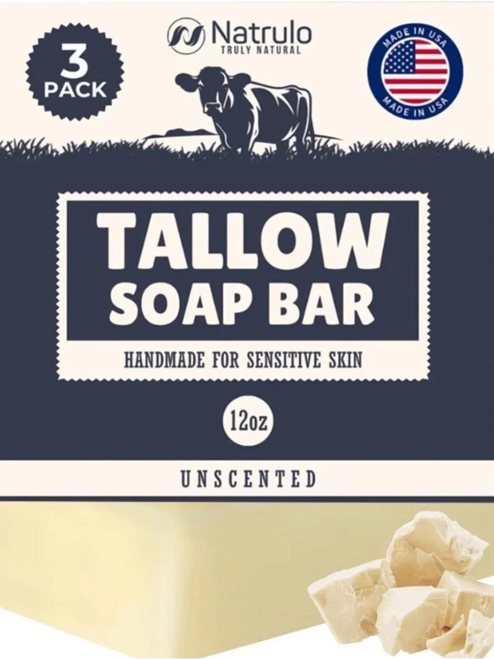 3Pk Beef Tallow All Natural Grass Fed Unscented Moisturizing Soap Bars